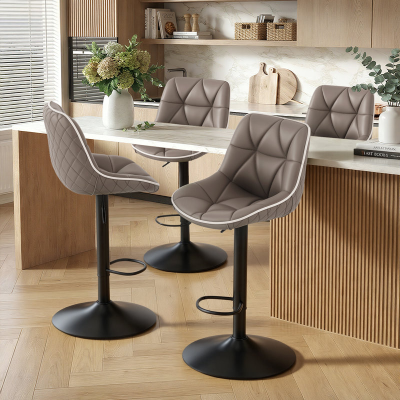 Modern Bar Stools Set Of 2, Spacious Ergonomic Double-layer Cushion Upholstered Swivel Bar Stools With Backrest, Adjustable For Kitchen Island