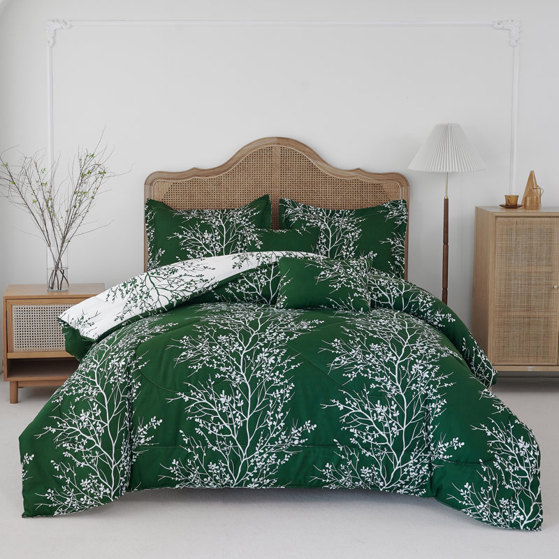Foliage Reversible Comforter Set, Hunter/White, Twin Comforter Set + 4 Additional Pieces