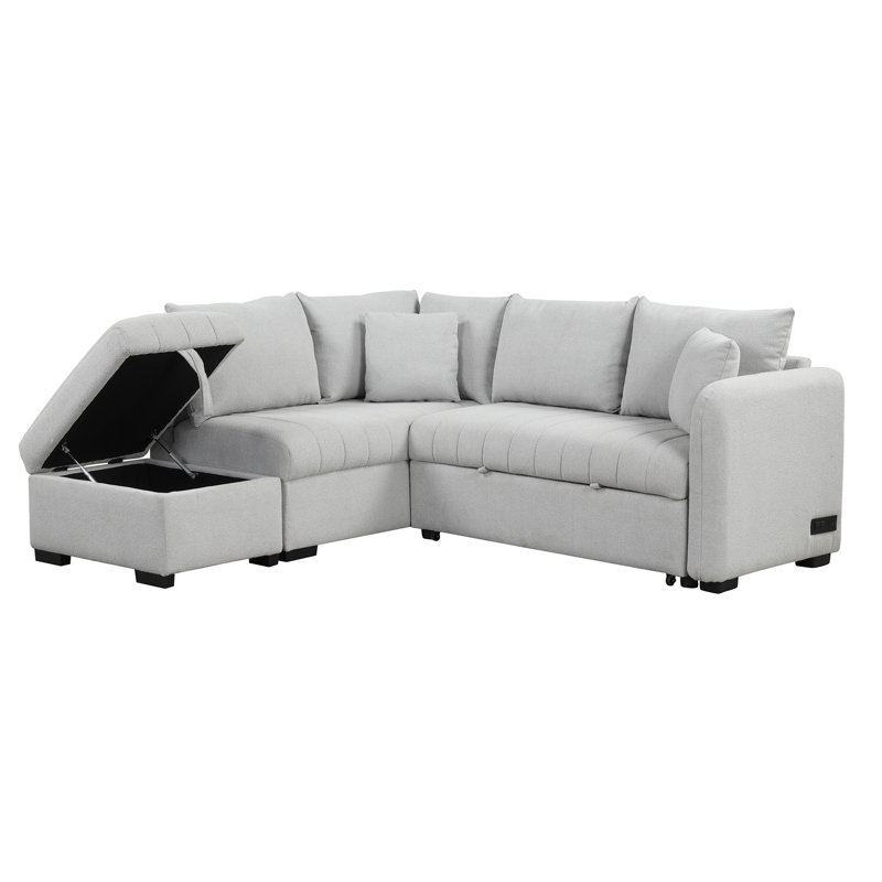 82.6" L-Shaped Sectional Pull Out Sofa Bed Sleeper Sofa With Two USB Ports, Gray Polyester