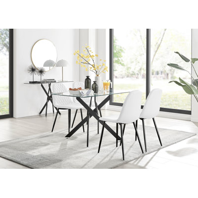 Lenworth Modern Black Metal and Glass Dining Table Set with 4 Luxury Faux Leather Dining Chairs