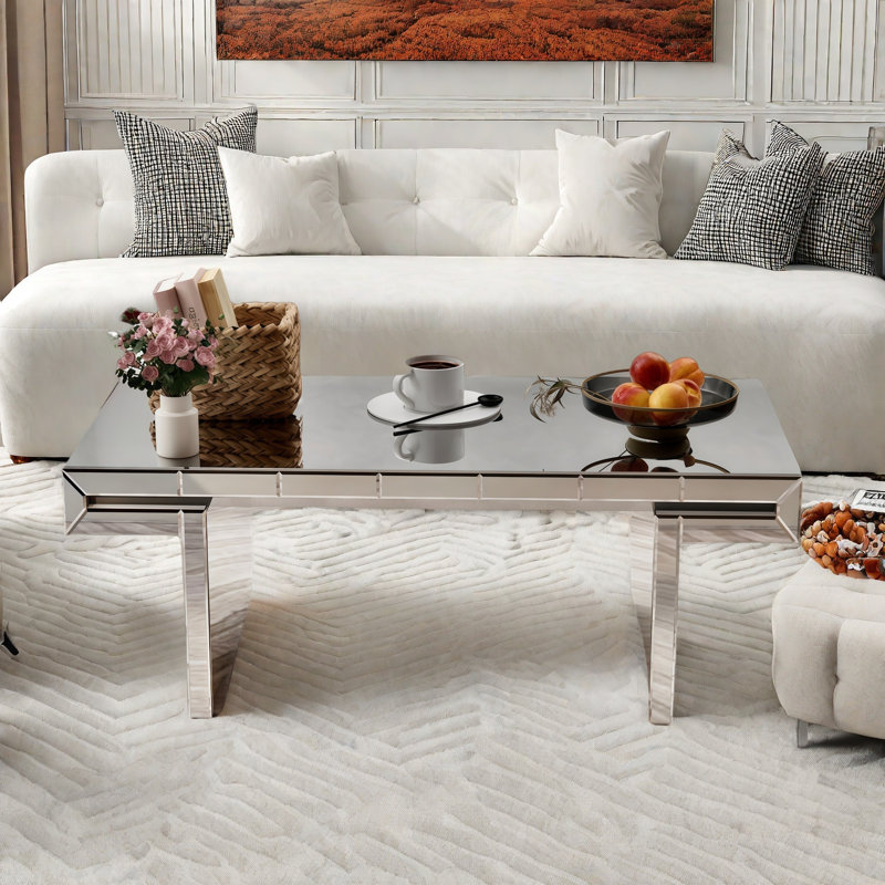 Luxury Rectangular Mirror Coffee Table With Fluted Tempered Glass And Rounded Edges