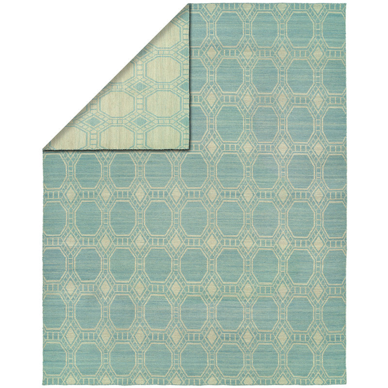 Wool Geometric Area Rug in Ivory/Baby Blue, Rectangle 9' x 12'