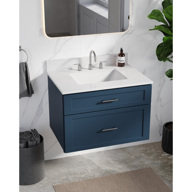 Meuble-lavabo mural simple flottant 30 po avec comptoir en quartz Carrara, Bleu