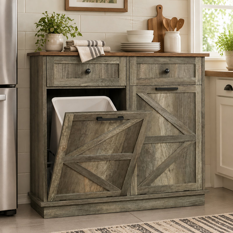 Double Tilt Out Trash Cabinet 20 Gallons with Drawers, Pet‑Proof Hidden Garbage Storage Cabinet, Trash Bins, for Kitchen, Living Room (Trash can not included)