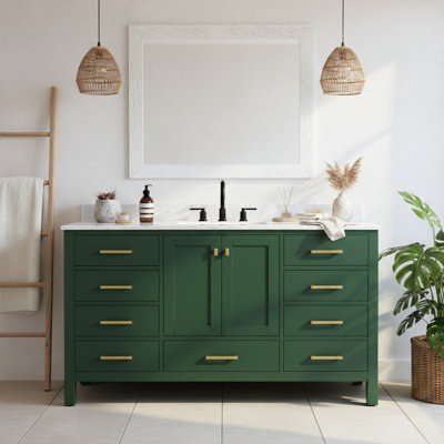 Meuble-lavabo en bois massif de 60 po avec lavabo simple, conception moderne, tiroirs à fermeture en douceur, stabilité structurelle et meuble-lavabo compact de 60 po, lavabo intégré, glissières, fonctionnement silencieux