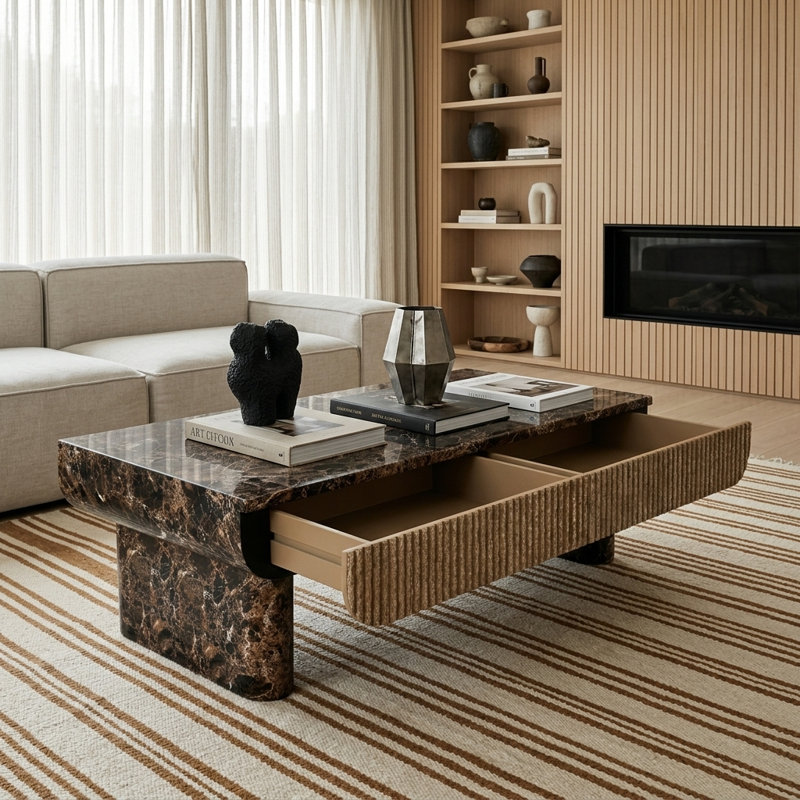 Table basse de 47 pouces de style Mid-Century moderne avec plateau en faux travertin et tiroir rectangulaire en bois de noyer pour salon