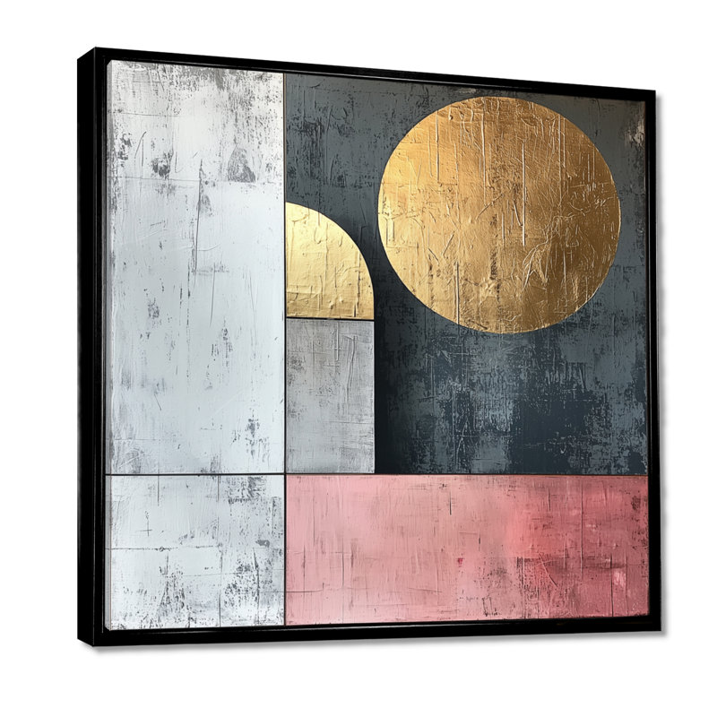 Motif géométrique abstrait géométrique doré rose et gris, Impression encadrée flottante, Noir, noir, noir, noir