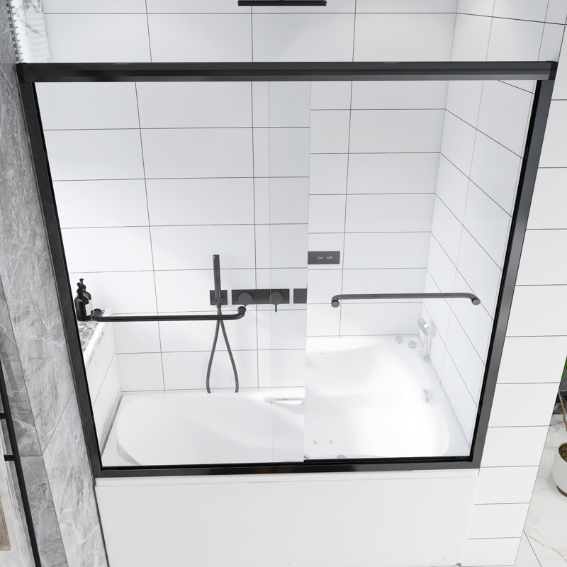 Cadre en aluminium coulissant double l 56 à 60 po x H 60 po avec porte de baignoire en verre trempé et poignée en acier inoxydable