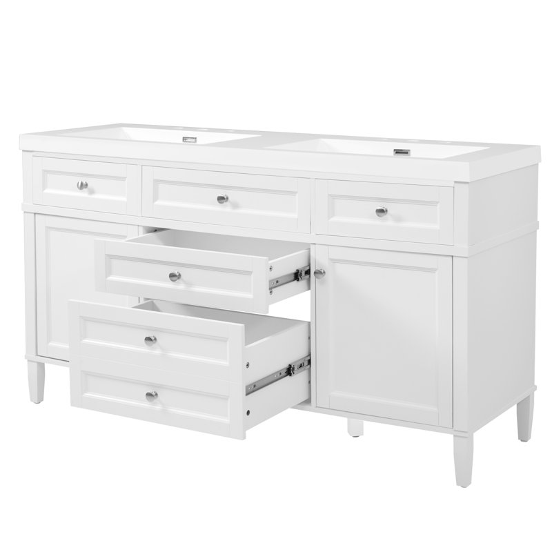 Meuble-lavabo moderne de 59,1 po avec lavabo en résine, armoire avec 3 tiroirs et 2 portes, tablette réglable, support de rangement monté sur porte, mécanisme de fermeture en douceur, autoportant