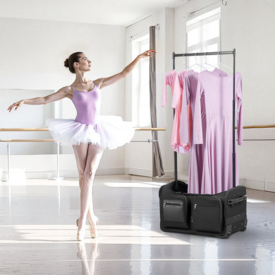 Dance Bag with Garment Rack, 23 Inch Rolling Dance Duffel, with Wheels, USB Port, Height Adjustable Clothes Rack, Privacy Protection Curtain, Ideal for Travel and Competitions, Matte Black