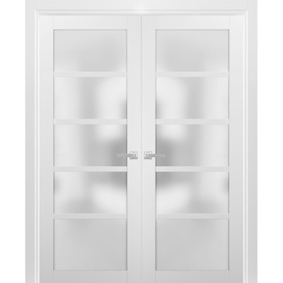 French Double Panel Lite Doors with Hardware Quadro 4002 White Silk with Frosted Opaque Glass Panel Frame Trims Bathroom Bedroom Interior Sturdy Door 60" x 80" (2* 30x80)