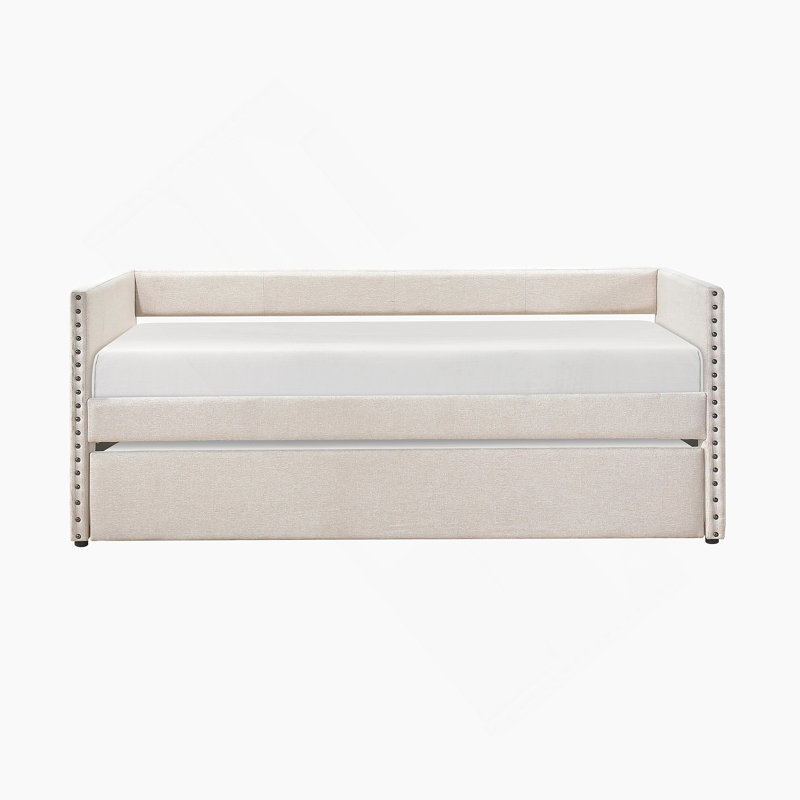Lit de jour moderne avec lit gigogne escamotable avec poches latérales et garniture cloutée, Beige