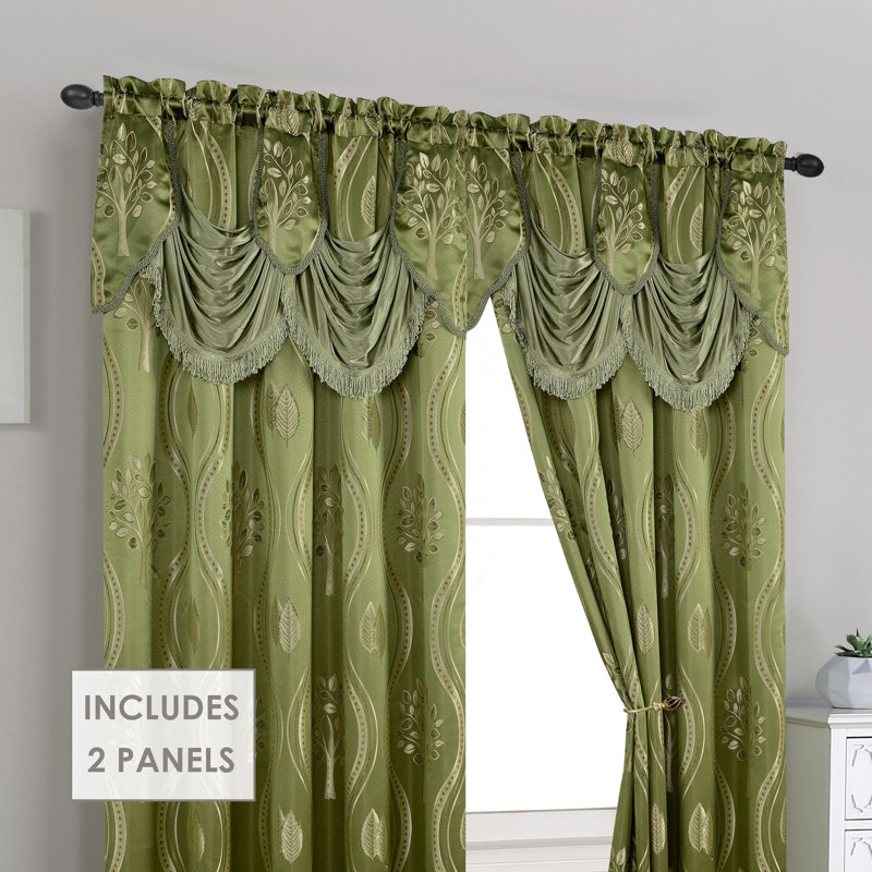 Elegant Comfort Jacquard Look Curtain Panel Set with Attached Valance 54" X 84 inch (Set of 2), Green