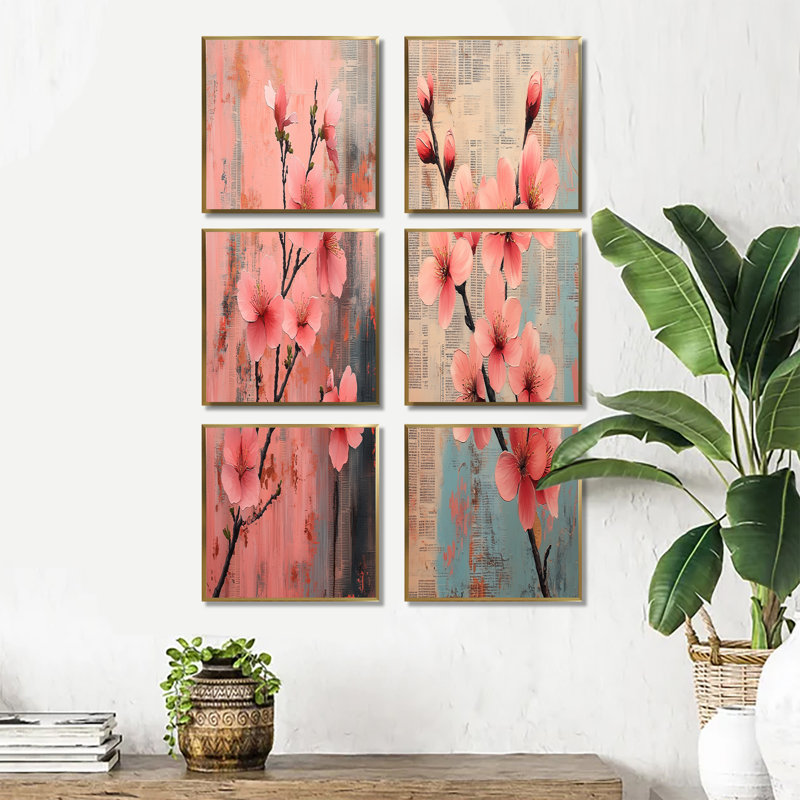 «Rose and Blue Cherry Blossom Spring Awakening», ensemble de 6 reproductions d'art mural fleurs de cerisier, Doré