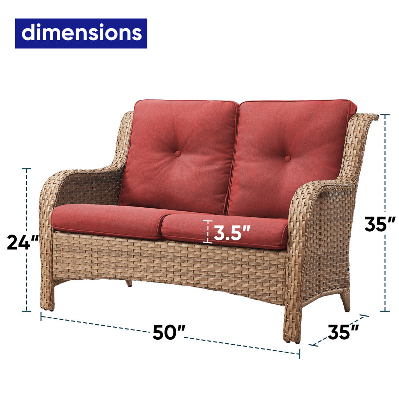 Schutt 50" Wide Outdoor Wicker Loveseat With Cushions, Red, Yellow