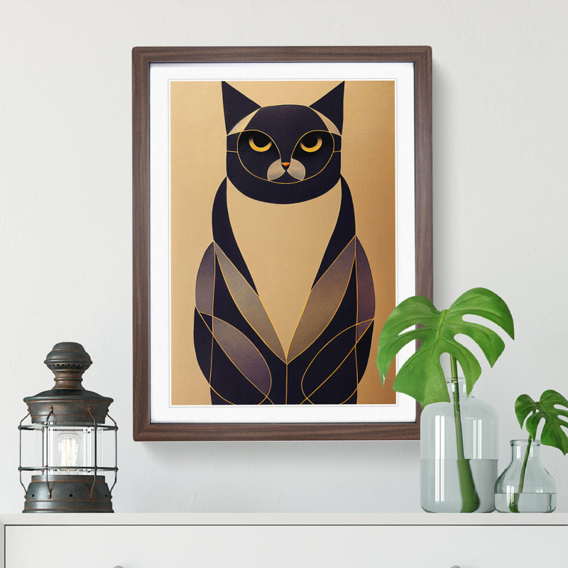 Cat Deco No.3 - Single Picture Frame Print, 34cm H x 25cm W x 2cm D, Brown Framed