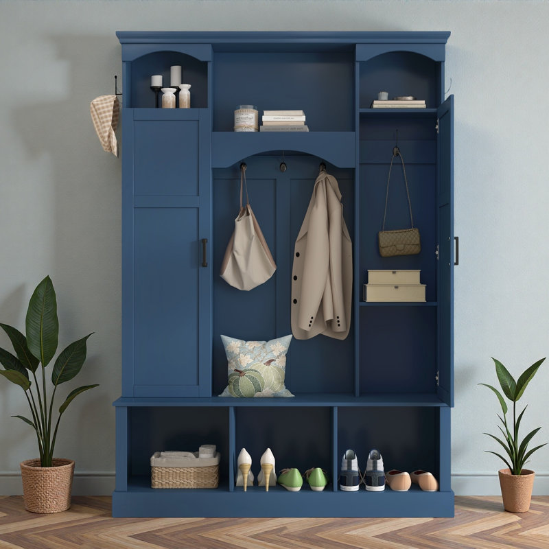 Modern Hall Tree With Adjustable Shelves, Side Cabinets, Top Compartments And Hooks, Blue