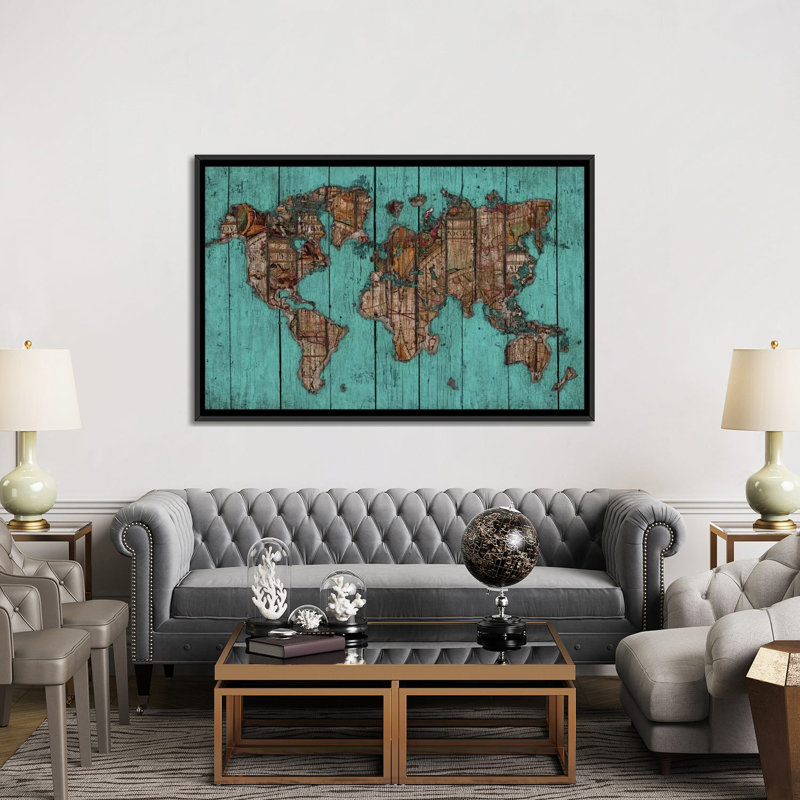 Carte en bois, impression sur toile, H 40 po x l 60 po x P 1,5 po, Toile avec cadre noir, Pas de tapis