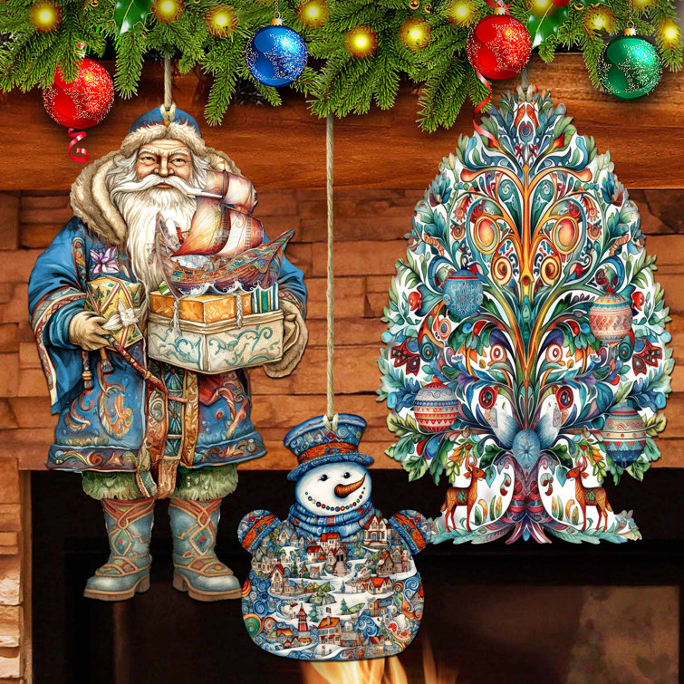 Designocracy 8091306S3 4.5 x 3 in. Santa Aroubf The World Irish Inspired Santa Wooden Ornaments, Set of 3