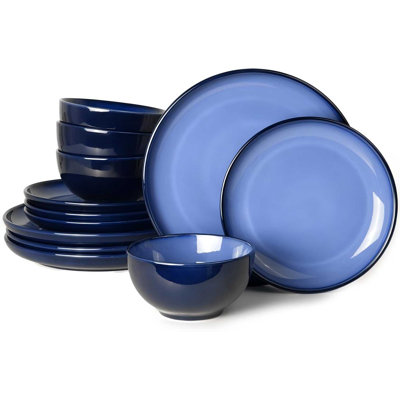 Service de vaisselle en grès émaillé Vivid Blue Reactive - 4 personnes / 12 pièces Assiettes et bols ronds faits à la main, résistant aux éclats et aux fissures