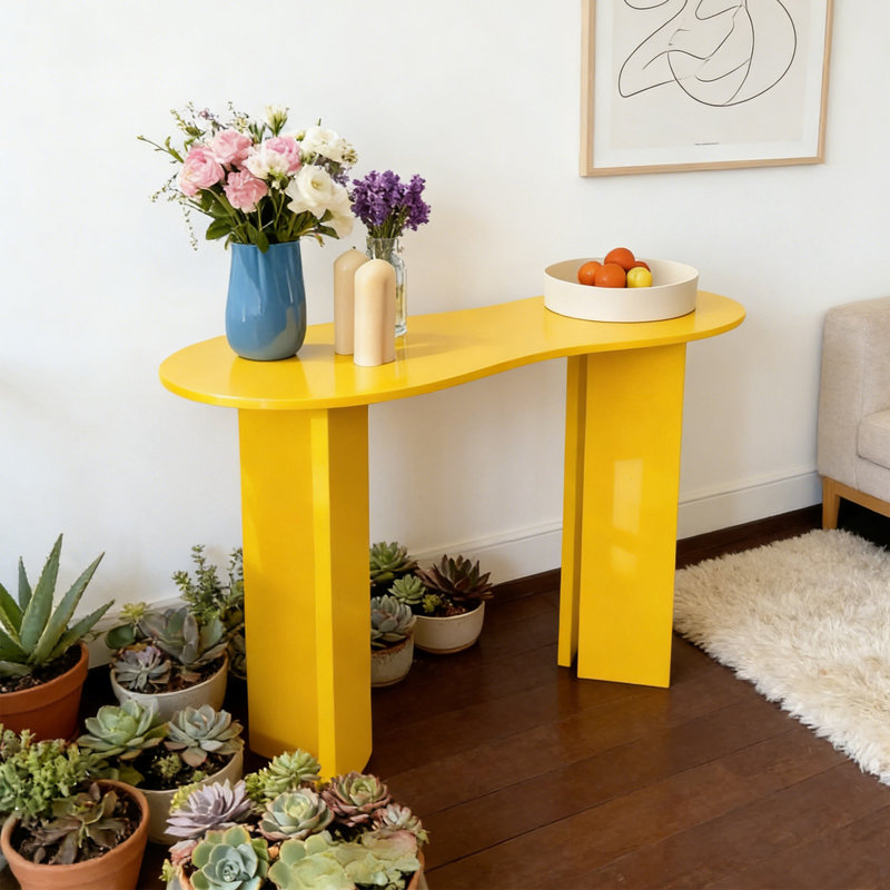 Console moderne de couleur unie de forme irrégulière, Jaune, H 29,53 po x l 62,99 po x P 15,75 po