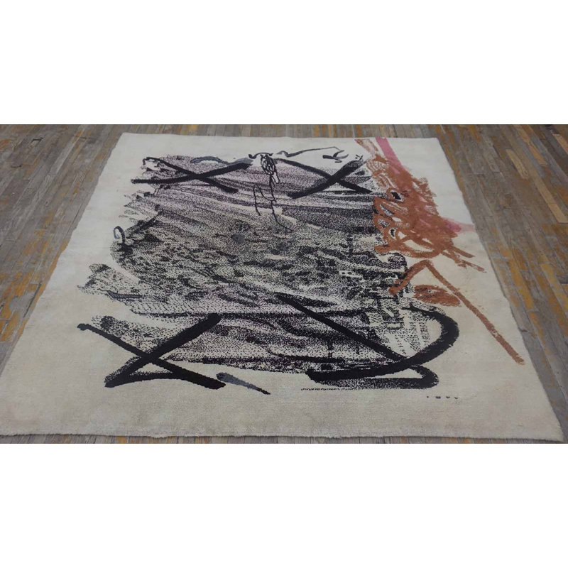 Square Vintage Mid Century Modern Spanish Abstract Expressionist Art Rug