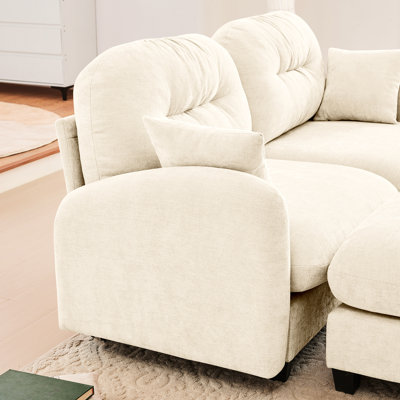 Canapé en L beige à 4 places avec chenille douce, courbe ergonomique, coussin pour coin lecture à la maison, tissu en chenille 4, design, décoration