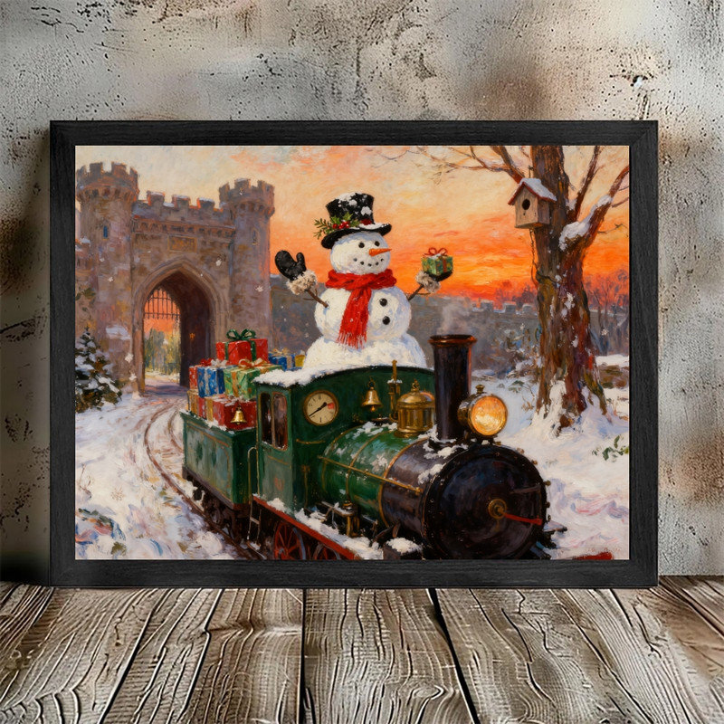 Cadre noir, bonhomme de neige rustique, train de Noël, art mural, impression de cadre festif, H 9 po x l 11 po