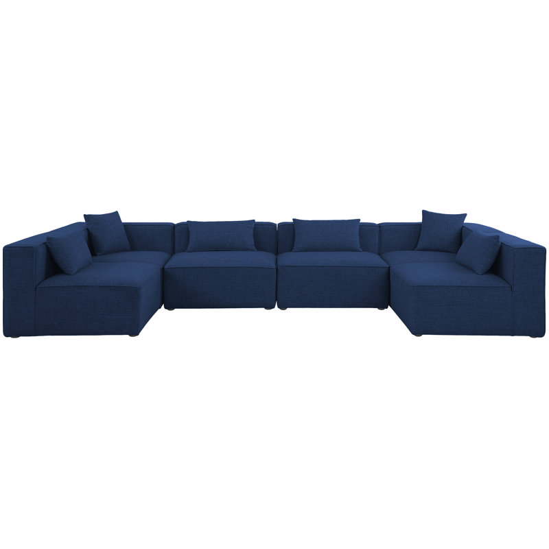 Olayemi Upholstered U-Shaped Sectional Reversible, Navy Linen Textured Fabric