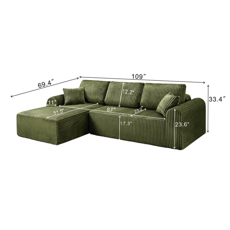 Canapé modulaire 109 po avec méridienne en forme de L et canapé modulaire 109 po., Vert, Right Hand Return