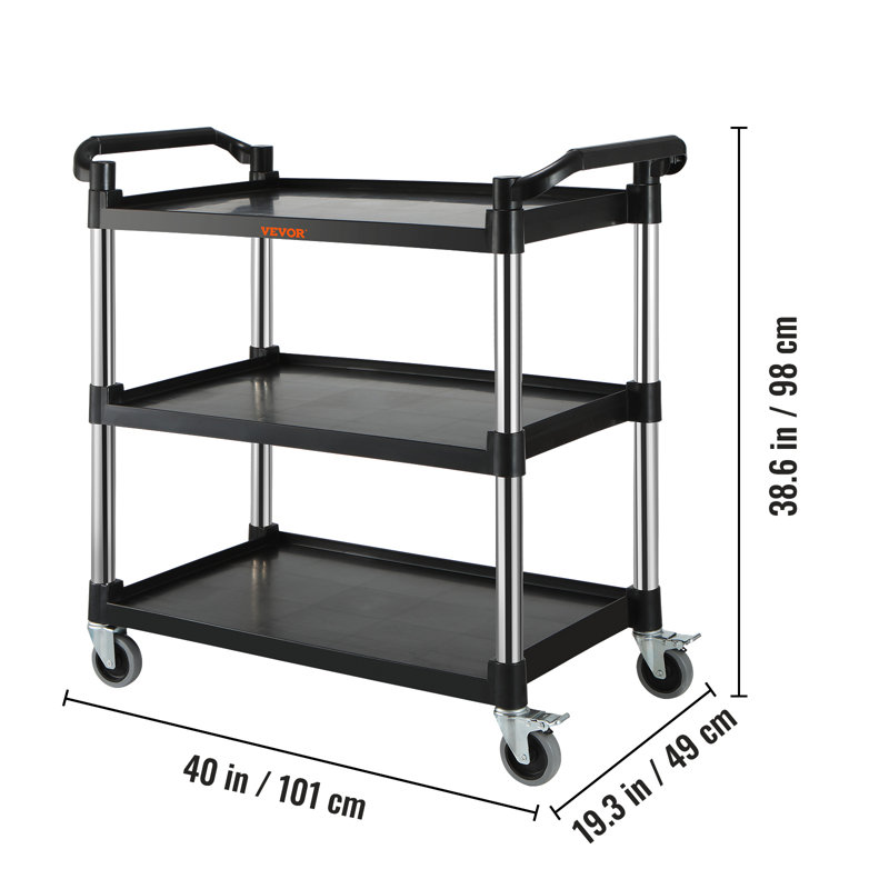 Black 3-Tier Utility Service Cart with Metal Wheels