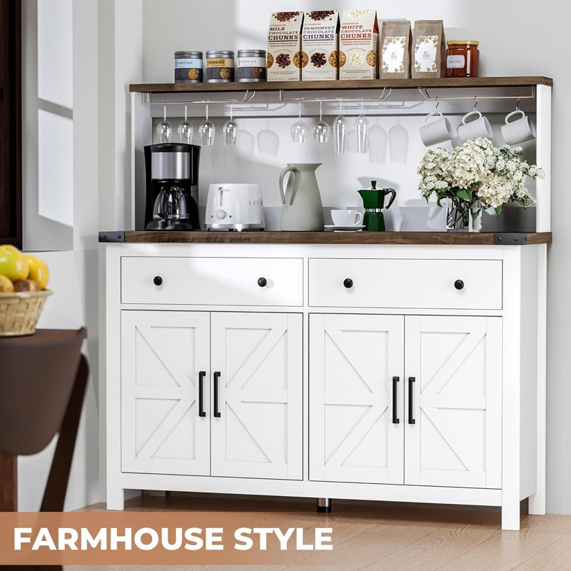 White MDF Farmhouse Coffee Bar Cabinet with Charging Station and Barn Doors