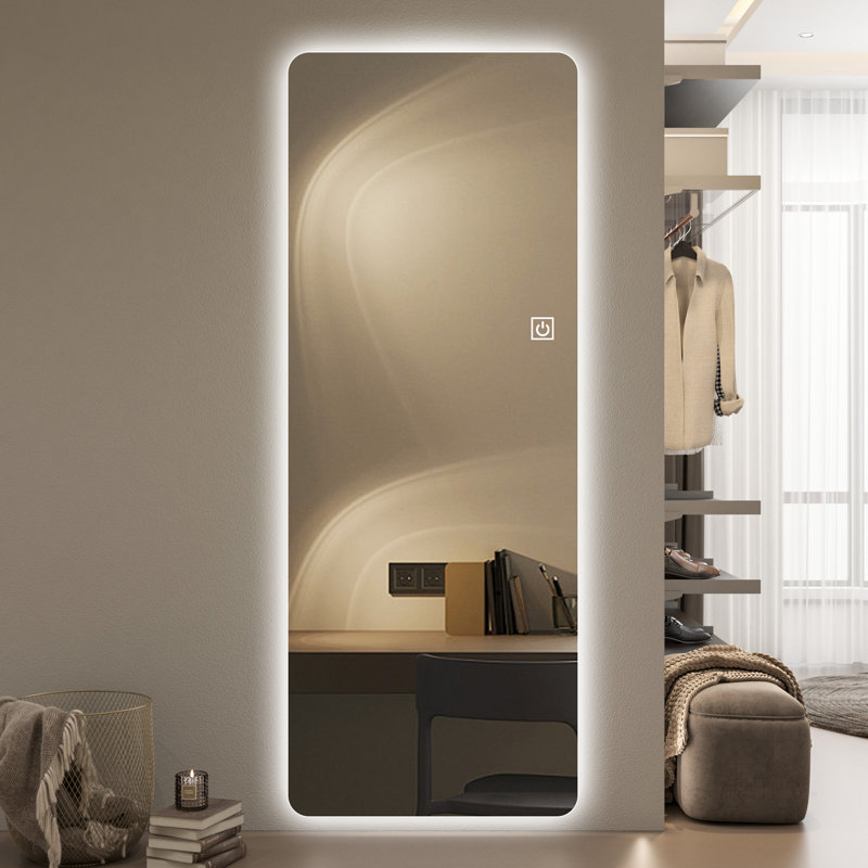 Miroir pleine longueur 65 po x 21 po avec lumières DEL, fixation murale seulement, éclairage 3 couleurs à intensité variable (chaud / naturel / blanc), miroir de coin moderne sans cadre pour la chambre à coucher