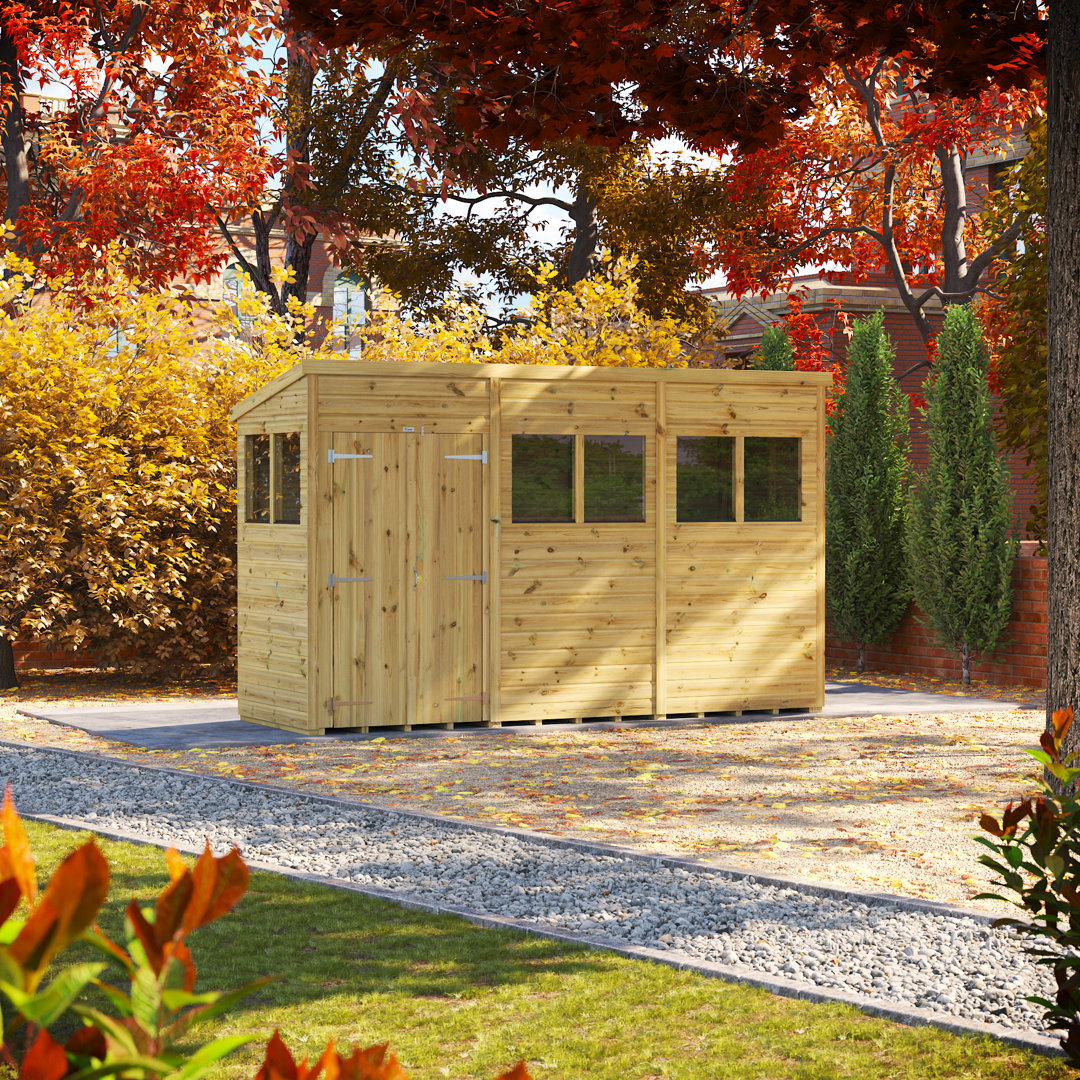 Powersheds 12 x 4ft Premium Pressure Treated Timber Pent Garden Shed, Double Doors