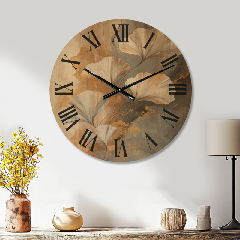 Horloge murale silencieuse blanche et élégante, motif feuilles de ginkgo dorées, imprimée sur bois, Médium