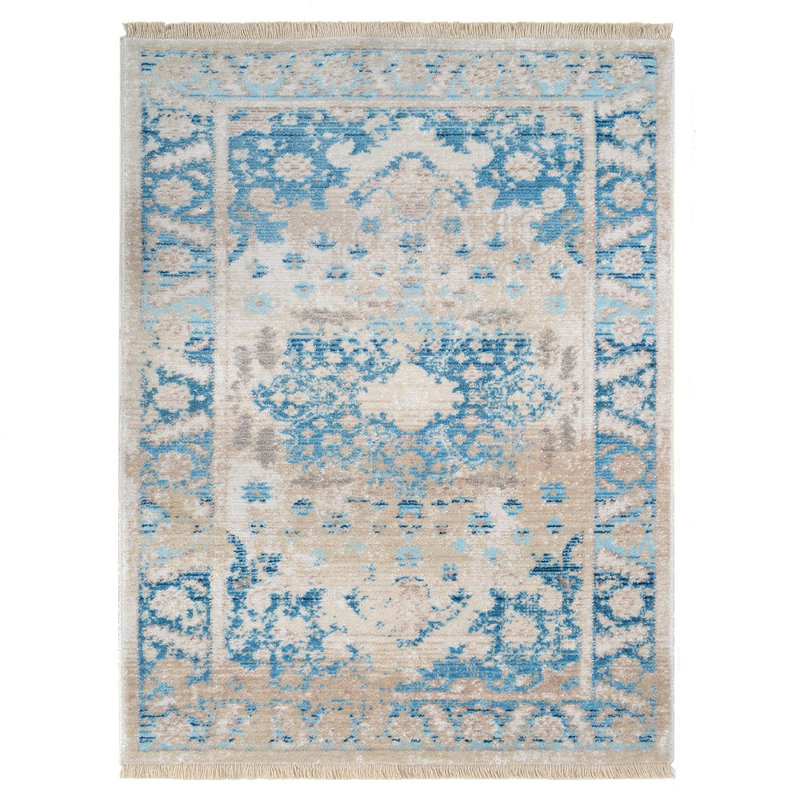 TAPIS POLYESTER lavables à la machine Crayton - Rectangle | Bleu | Tapis de salon, de chambre à coucher, de style oriental classique et classique à poils courts