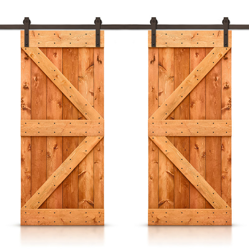 Porte de grange double à panneaux en bois teinté K Series avec ensemble de quincaillerie coulissante, 80 po x 84 po