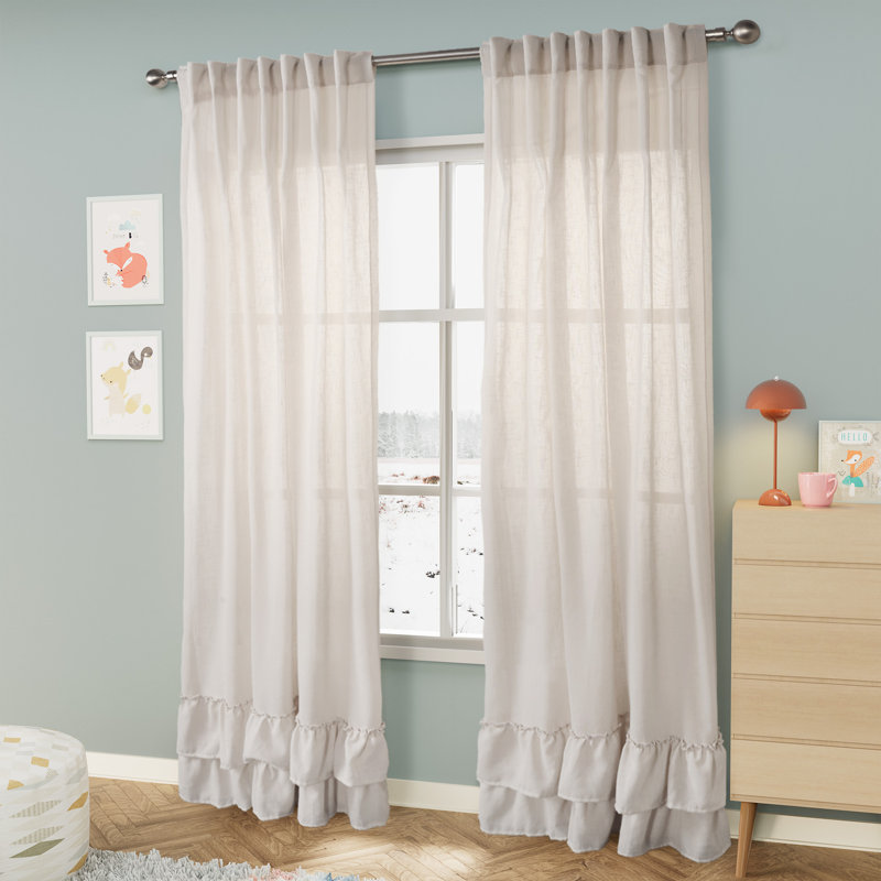 Linen Texture Double Ruffle Semi Sheer Back Tab Pair (2 Panels), 52" W x 96" L, Natural