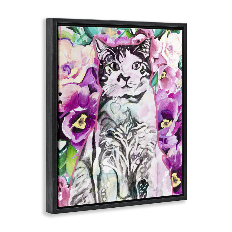 Kitty Among Flowers Black Framed Floater Canvas Wall Art by Chelsea Goodrich, Jet Black Floater Frame, 21" H x 17" W