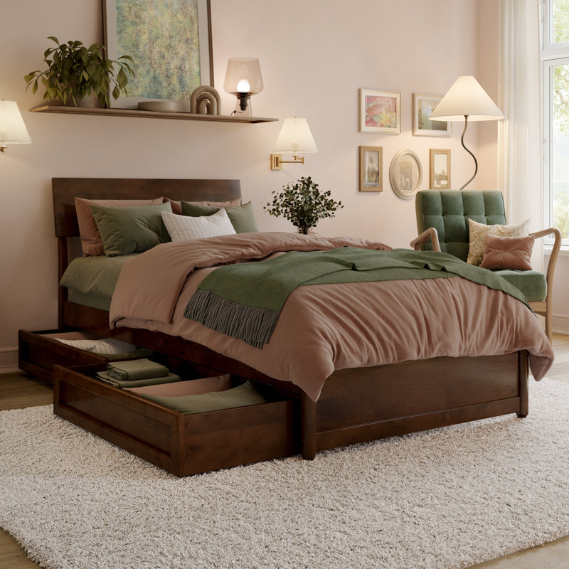 Norla Twin XL Wood Platform Bed with Footboard and Storage Drawers, White, Twin XL, Walnut