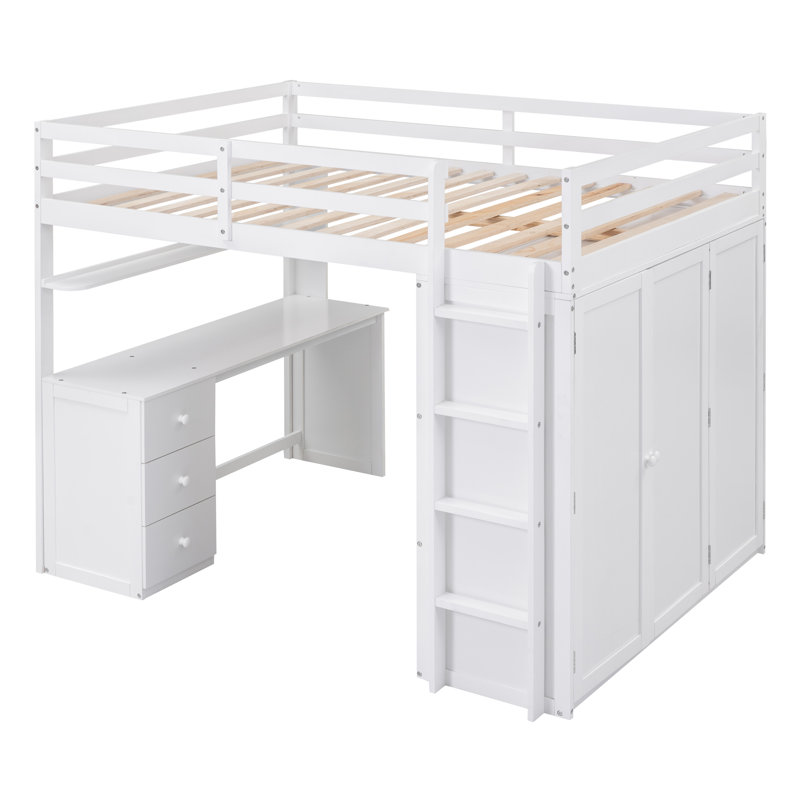 Lit mezzanine avec tiroirs, bureau, garde-robe, structure en bois robuste, solution pratique et pratique de rangement et d'étude
