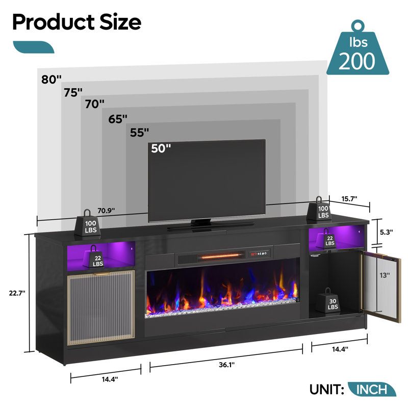 70" Fireplace TV Stand For Tvs Up To 75" With 36" Electric Fireplace And Storage Cabinet, Glossy Black