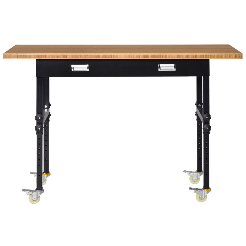 HOMCOM " Work Bench With Drawer, Height Adjustable Legs, Bamboo Tabletop Workstation Tool Table On Wheels  Garage, Weight Capacity  Lbs, Black/Natural