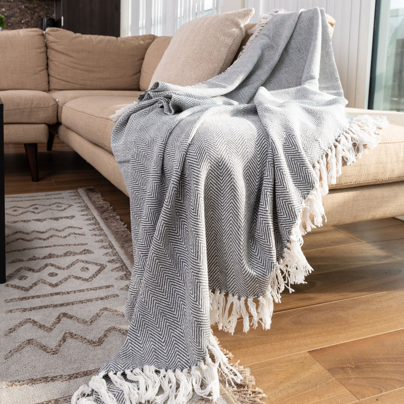  Jeté en coton à chevrons, Gris, l 50 po x L 60 po