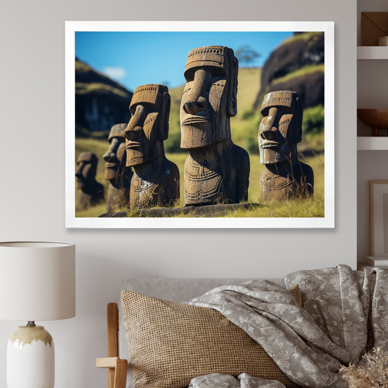 Art moderne brun, Moai Marvel, art asiatique II, Cadre d'angle fermé blanc, H 24 po x l 32 po x P 1 po