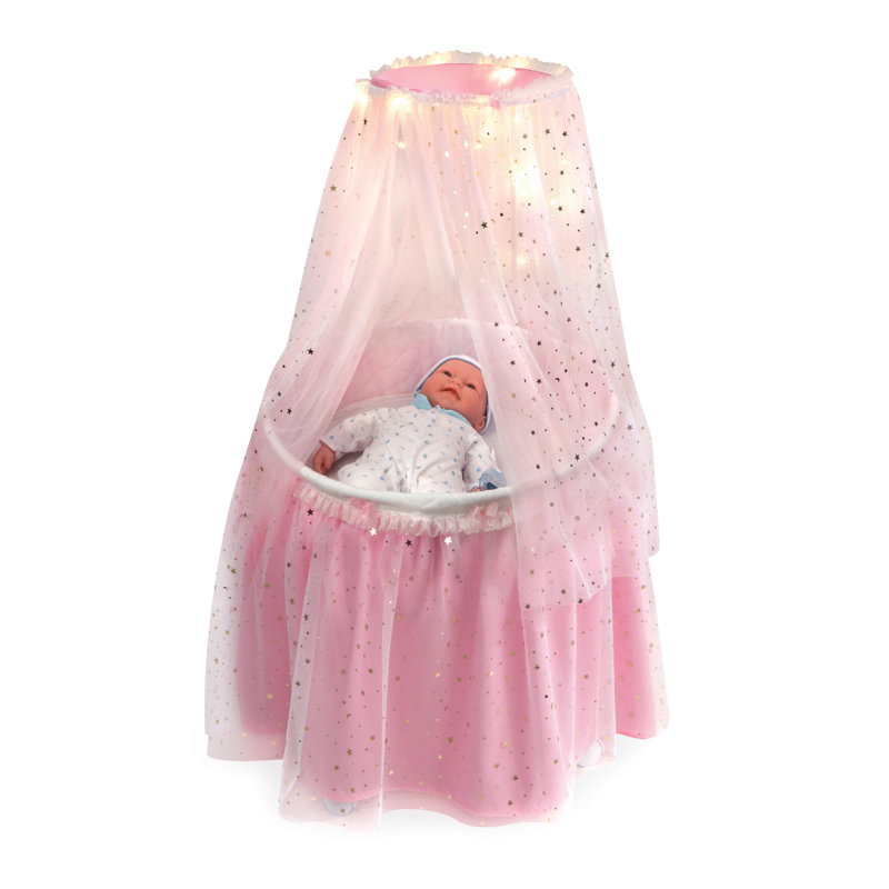 Pink and White Doll Bassinet with Canopy and LED Lights