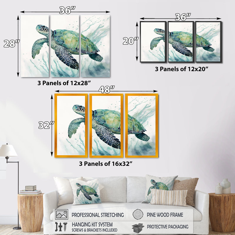 Tortue aquarelle nageant IV - 3 pièces sur toile, Toile à cadre flottant noir, H 28 po x l 36 po x P 1 po