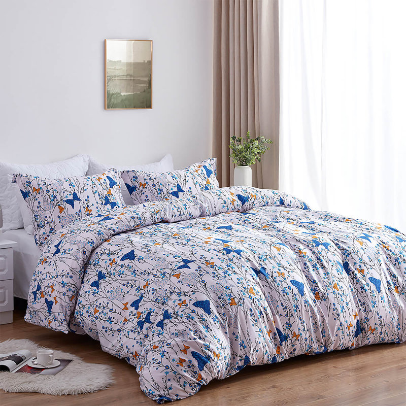 Ensemble de housse de couette réversible en microfibre bleue, Housse simple et 1 taie décorative, Papillons vifs