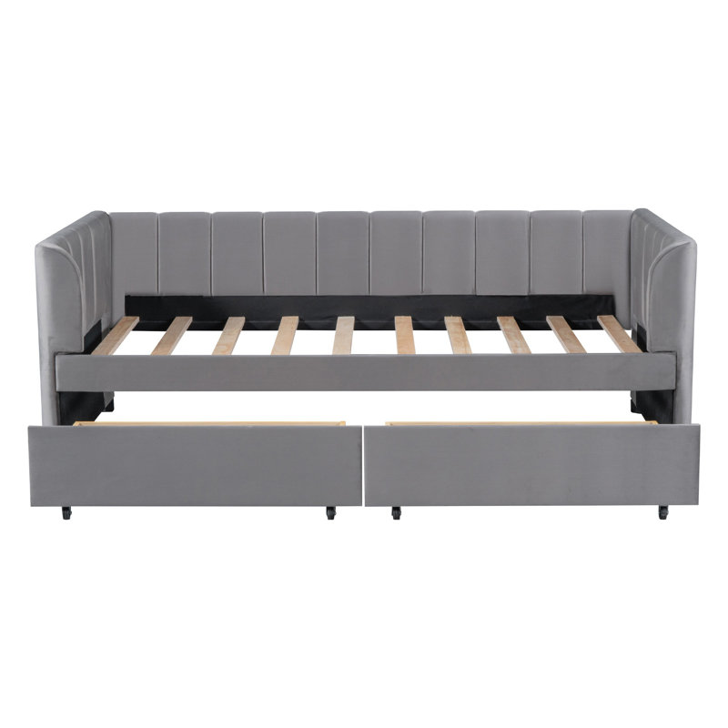Lit de jour simple rembourré avec dossier ergonomique et 2 tiroirs de rangement, gris, Gris