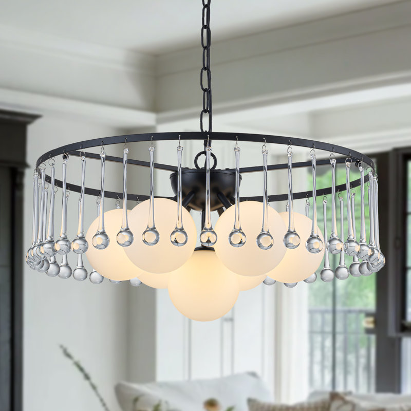 Lustre en cristal moderne avec 42 cristaux K9 Waterdrop, luminaire suspendu 7 lumières noir mat avec globes en verre laiteux, hauteur réglable de 15,75 po à 94,49 po pour les plafonds inclinés, homologué UL, rond de 24 po